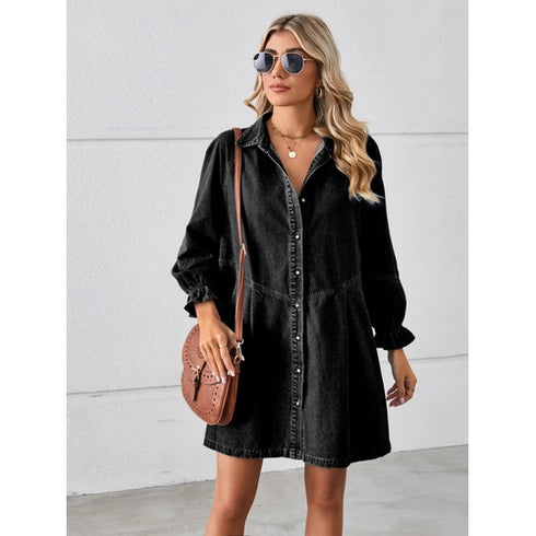 'Zola' Button Up Flounce Sleeve Mini Denim Dress - Celes Fashion